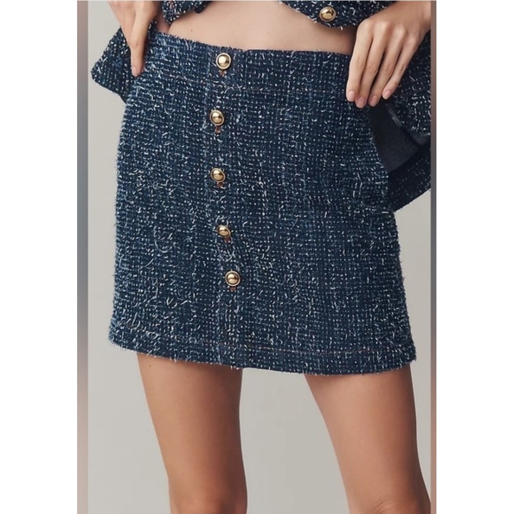 Maeve Anthropologie Needle Punch Navy Tweed Mini Skirt with Gold Size Small NWT